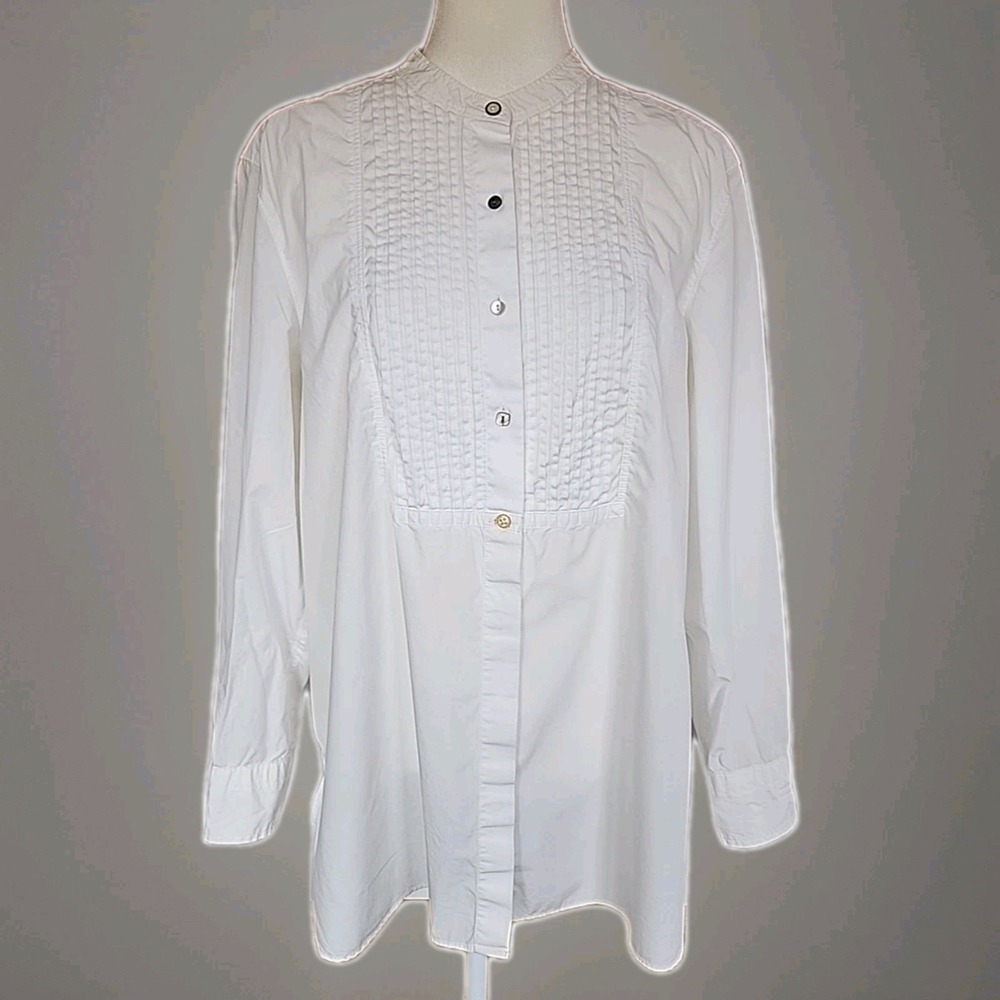 J Jill Button Up Tunic Top Size L White Pintuck Tux Victorian Minimalist Capsule